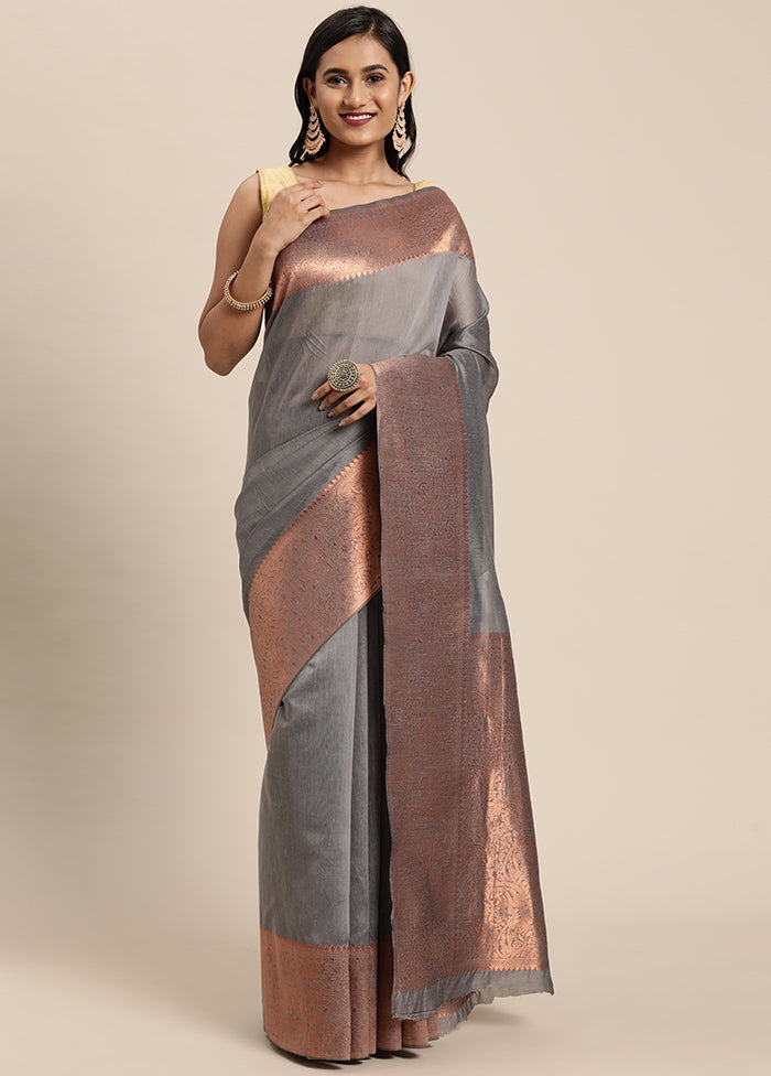 Grey Spun Silk Saree With Blouse Piece - Indian Silk House Agencies