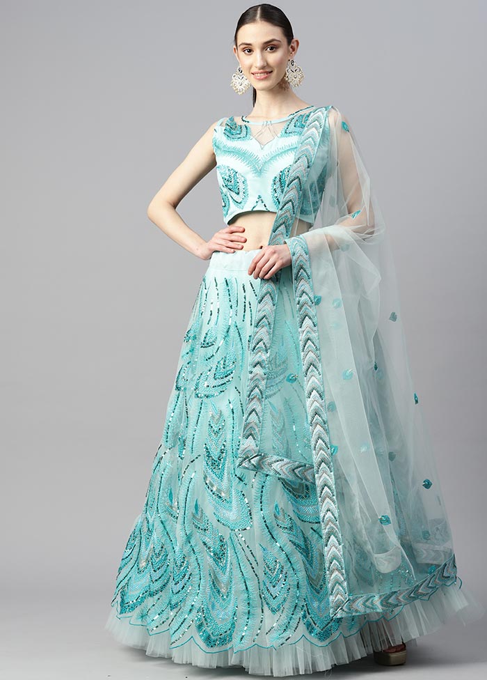 3 Pc Sky Blue Crepe Semi Stitched Lehenga Set - Indian Silk House Agencies