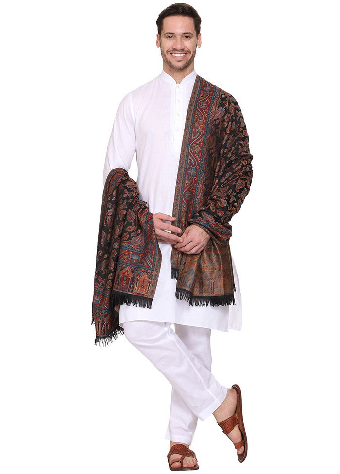 Black Poly Wool Woven Shawl - Indian Silk House Agencies