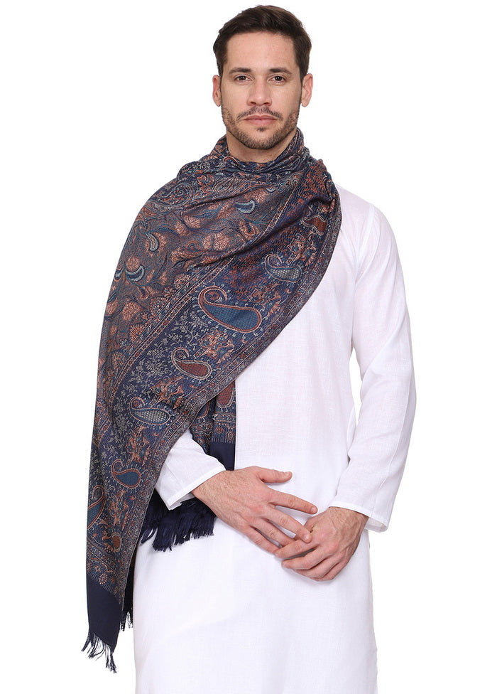 Navy Blue Poly Wool Woven Shawl - Indian Silk House Agencies