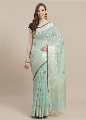 Sea Green Cotton Zari Saree Without Blouse Piece - Indian Silk House Agencies