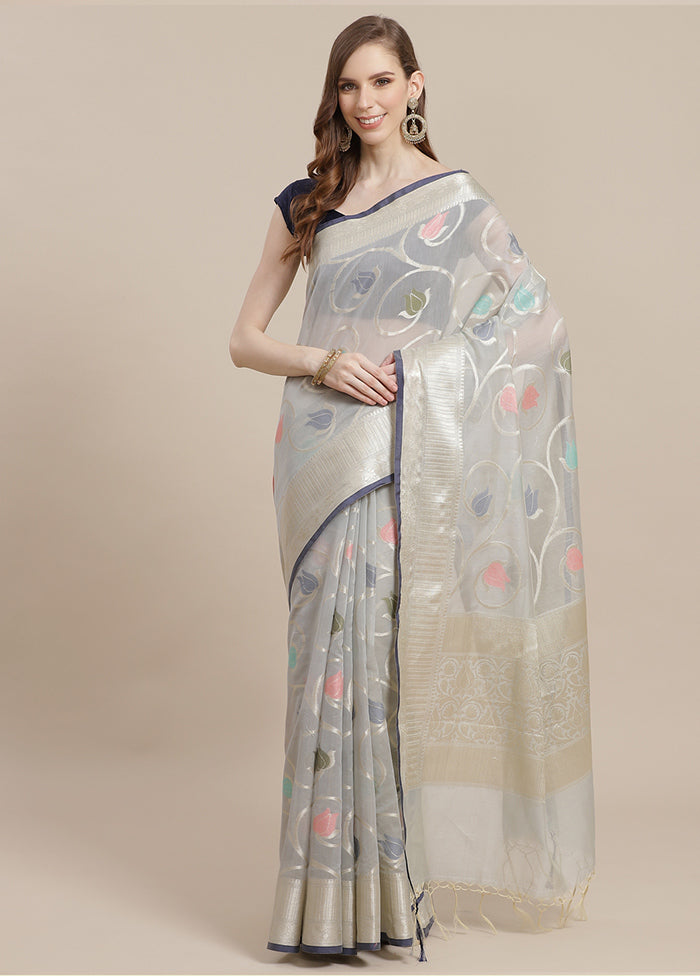 Grey Cotton Zari Saree Without Blouse Piece - Indian Silk House Agencies