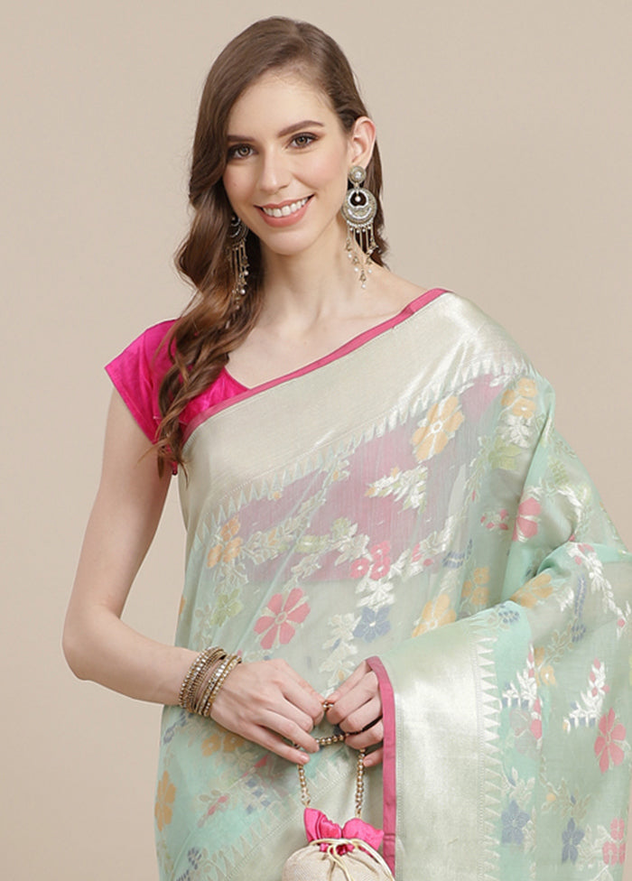 Sea Green Cotton Zari Saree Without Blouse Piece - Indian Silk House Agencies