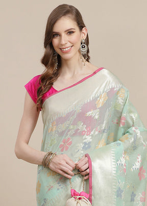 Sea Green Cotton Zari Saree Without Blouse Piece - Indian Silk House Agencies