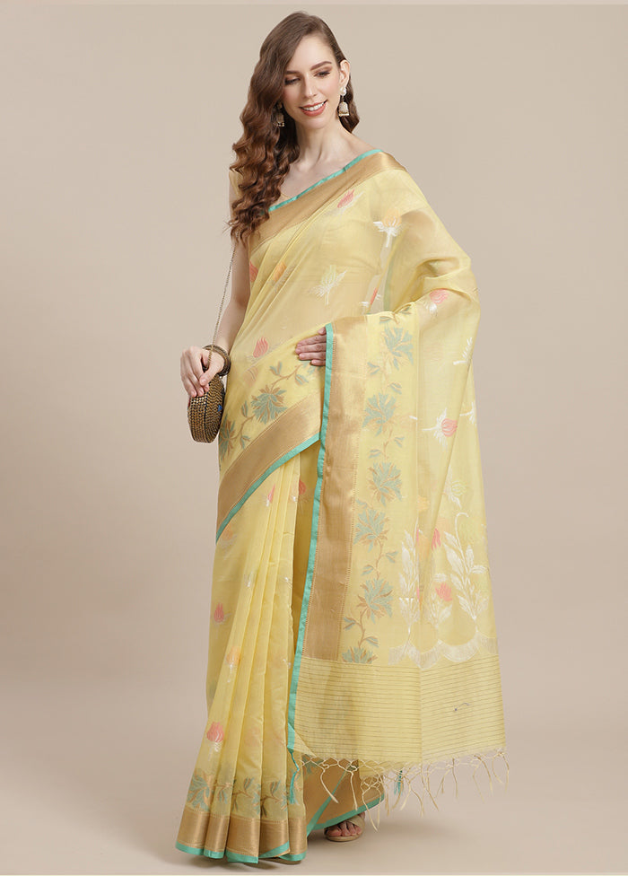 Yellow Cotton Zari Saree Without Blouse Piece - Indian Silk House Agencies