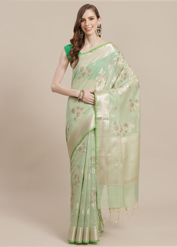 Green Cotton Zari Saree Without Blouse Piece - Indian Silk House Agencies