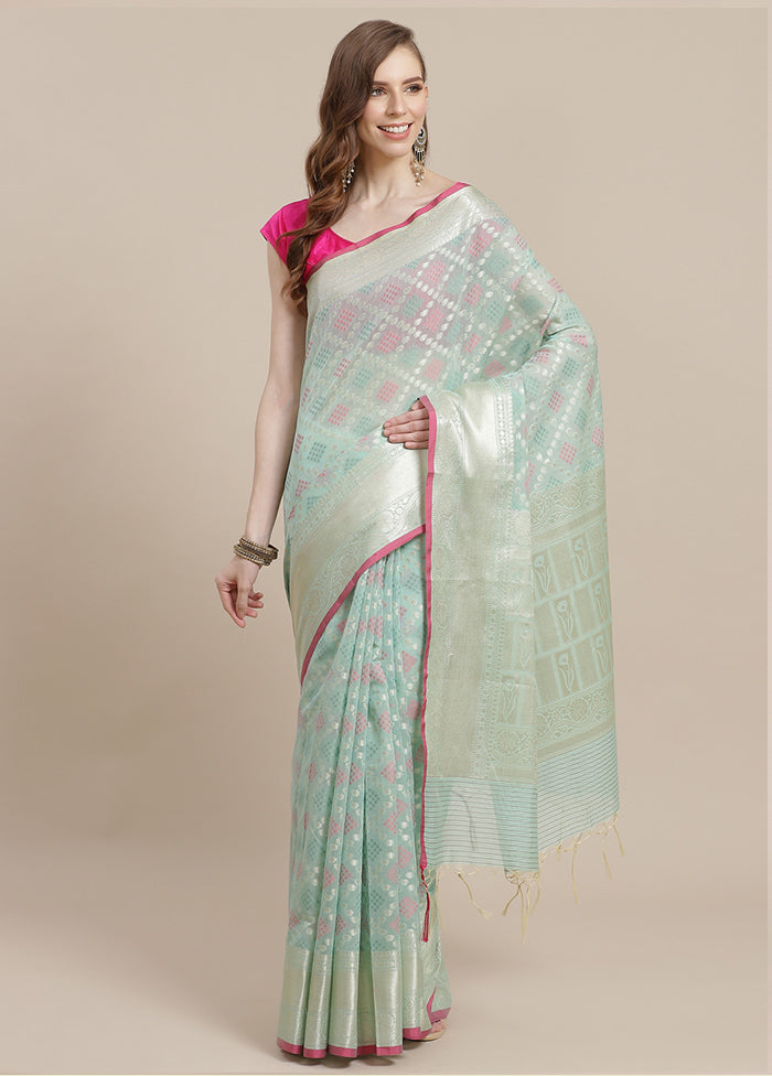 Sea Green Cotton Zari Saree Without Blouse Piece - Indian Silk House Agencies