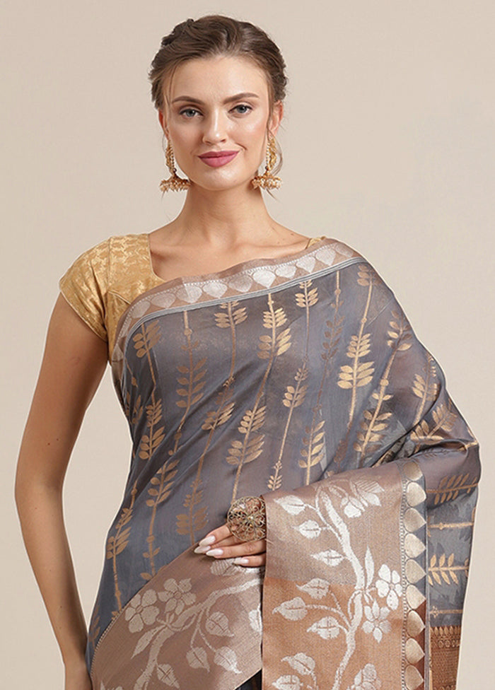 Grey Cotton Zari Saree Without Blouse Piece - Indian Silk House Agencies