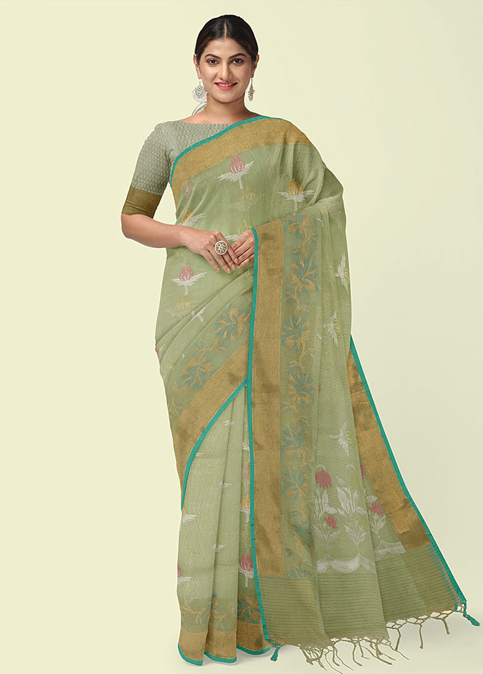 Sea Green Cotton Zari Saree Without Blouse Piece - Indian Silk House Agencies