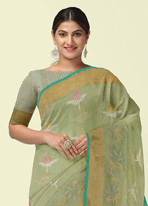 Sea Green Cotton Zari Saree Without Blouse Piece - Indian Silk House Agencies