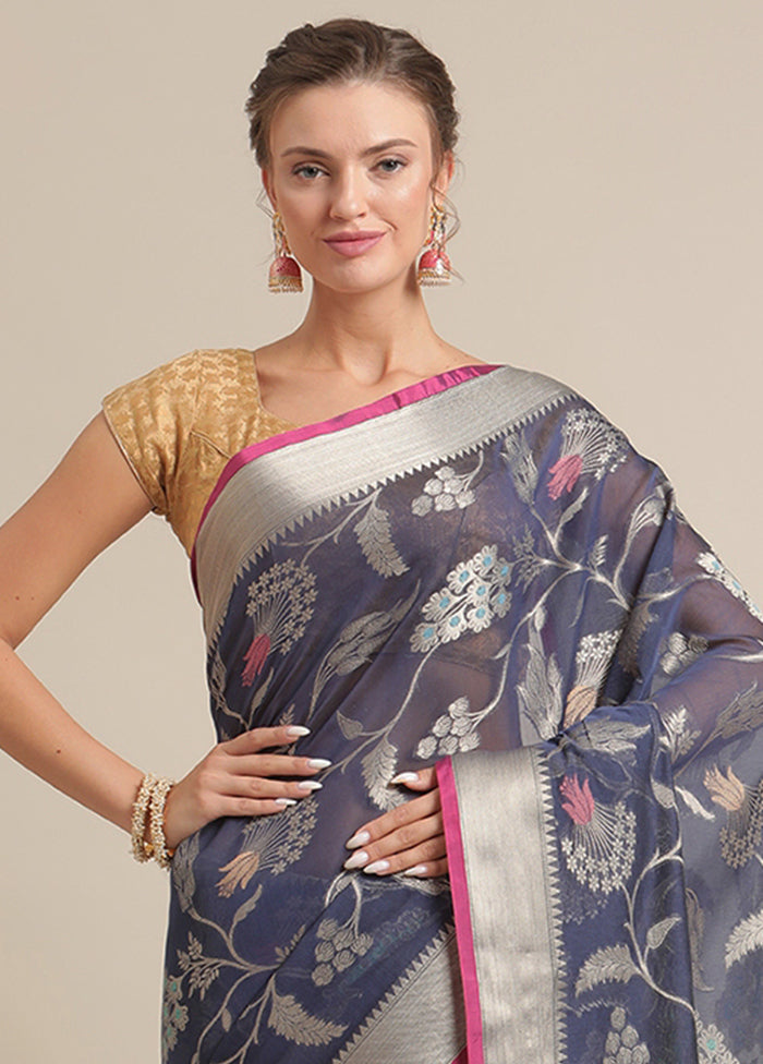 Navy Blue Cotton Zari Saree Without Blouse Piece - Indian Silk House Agencies