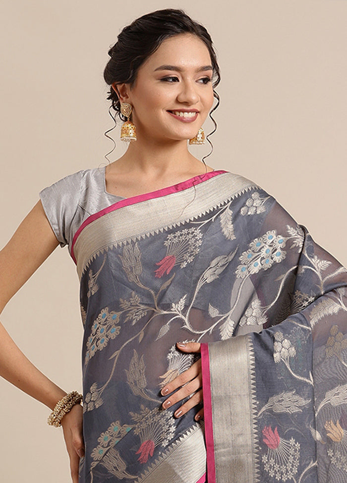 Grey Cotton Zari Saree Without Blouse Piece - Indian Silk House Agencies