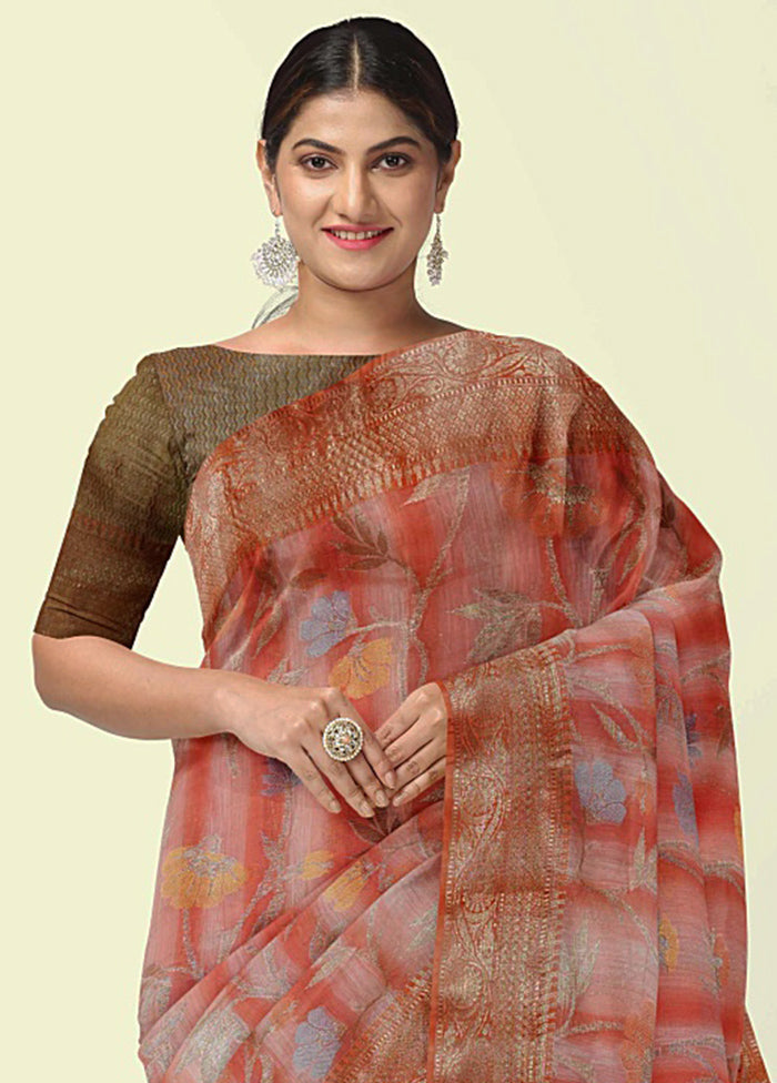 Peach Silk Zari Saree Without Blouse Piece - Indian Silk House Agencies