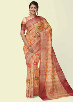 Peach Silk Zari Saree Without Blouse Piece - Indian Silk House Agencies