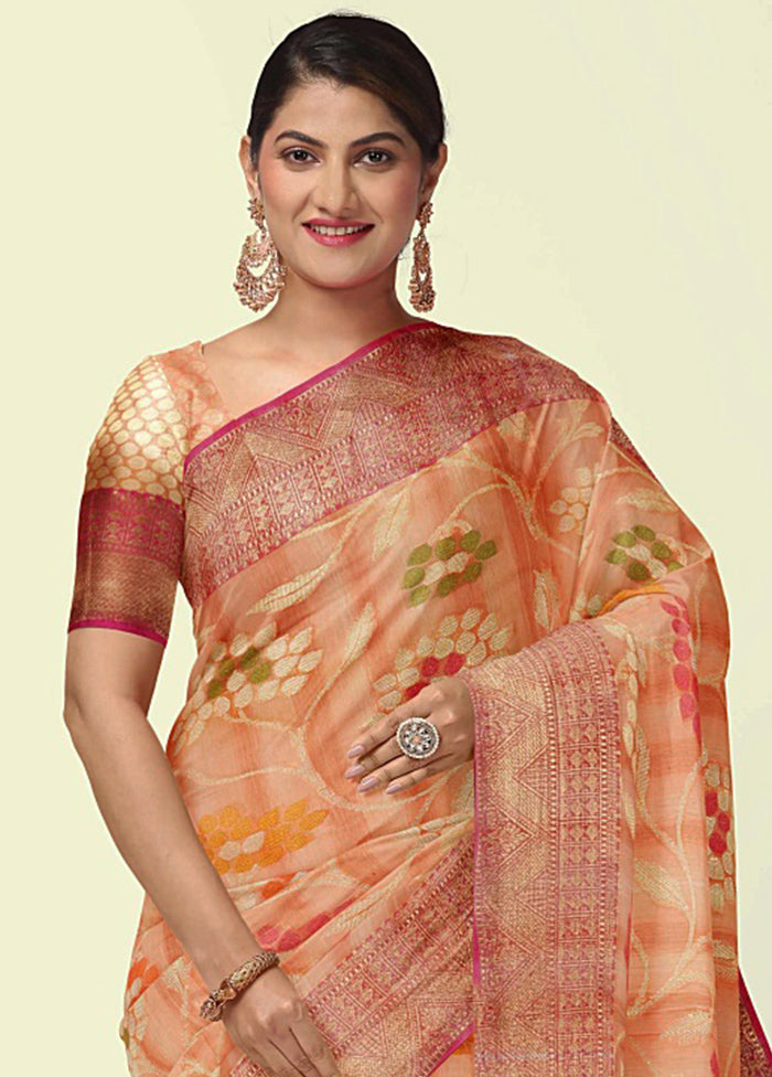 Peach Silk Zari Saree Without Blouse Piece - Indian Silk House Agencies