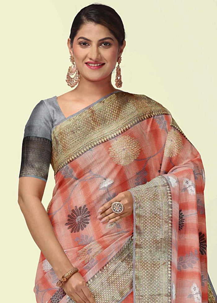 Peach Silk Zari Saree Without Blouse Piece - Indian Silk House Agencies