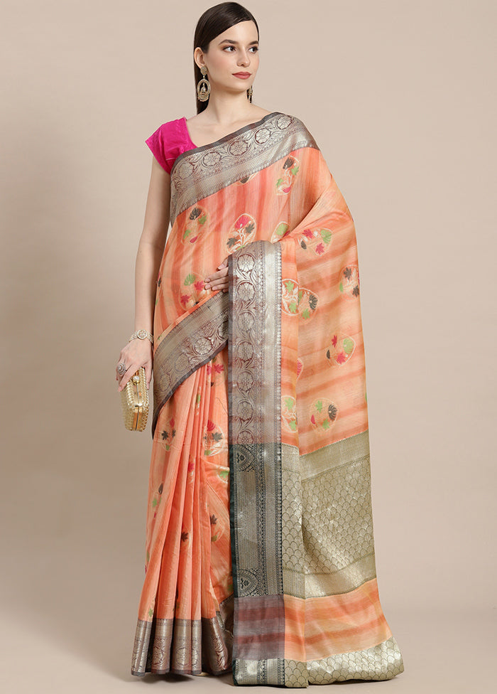 Peach Silk Zari Saree Without Blouse Piece - Indian Silk House Agencies