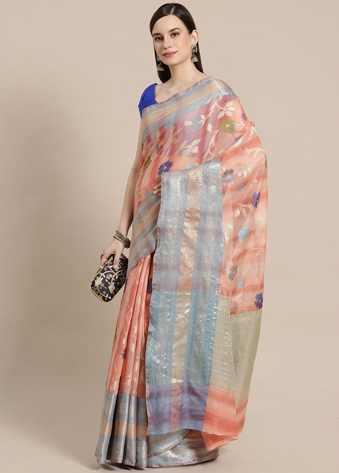 Peach Silk Zari Saree Without Blouse Piece - Indian Silk House Agencies