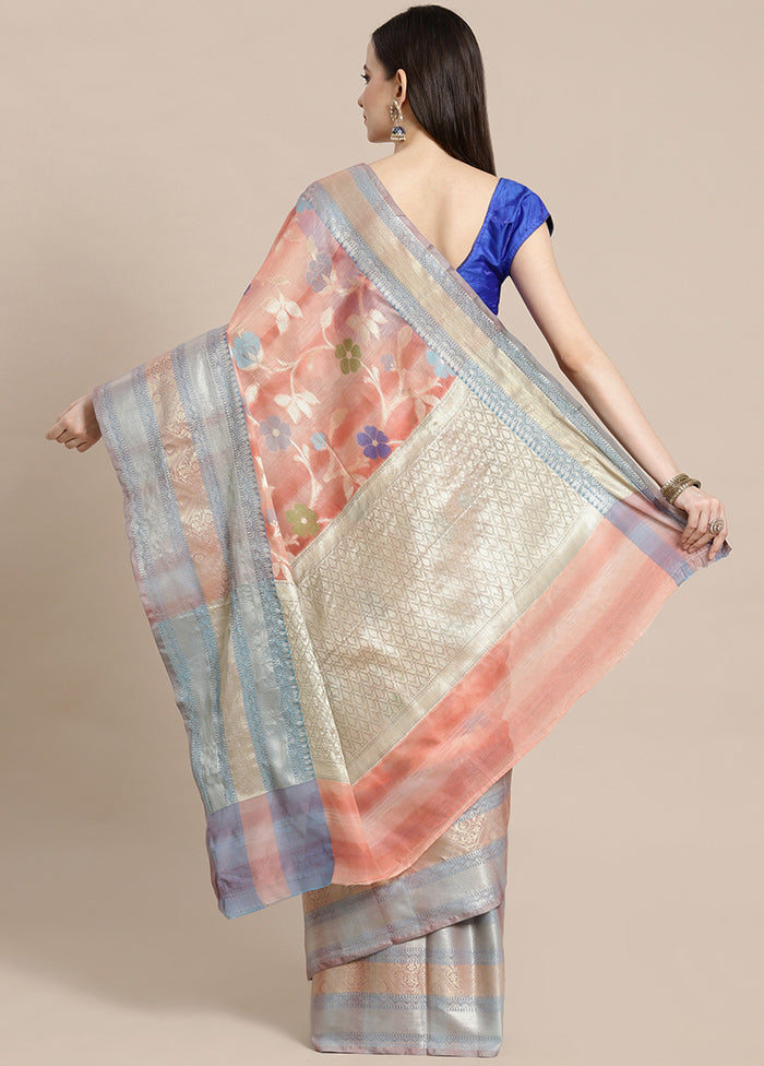 Peach Silk Zari Saree Without Blouse Piece - Indian Silk House Agencies