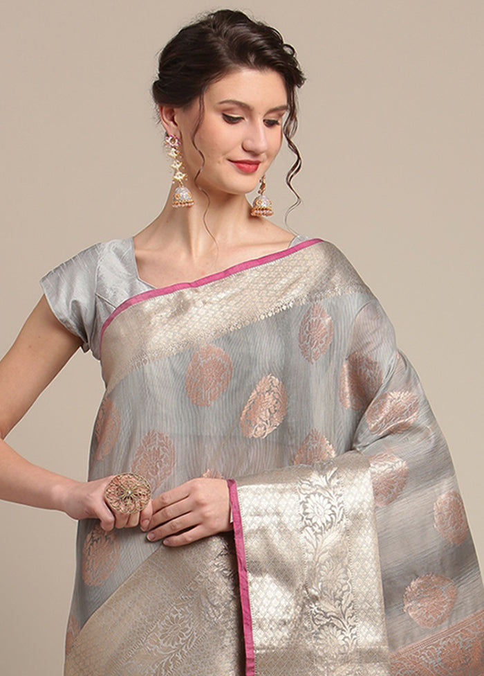 Grey Silk Zari Saree Without Blouse Piece - Indian Silk House Agencies