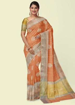 Rust Peach Matka Silk Zari Saree Without Blouse Piece - Indian Silk House Agencies