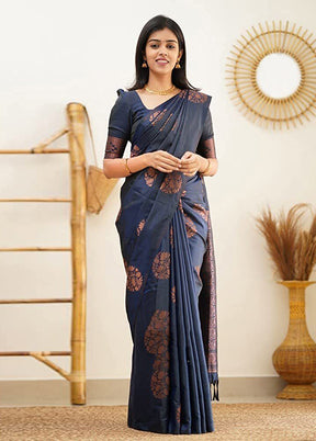 Navy Blue Banarasi Silk Saree With Blouse Piece