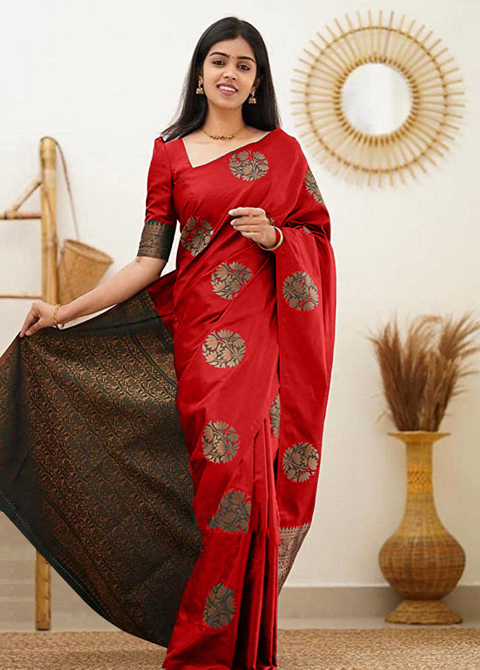 Red Banarasi Silk Saree With Blouse Piece