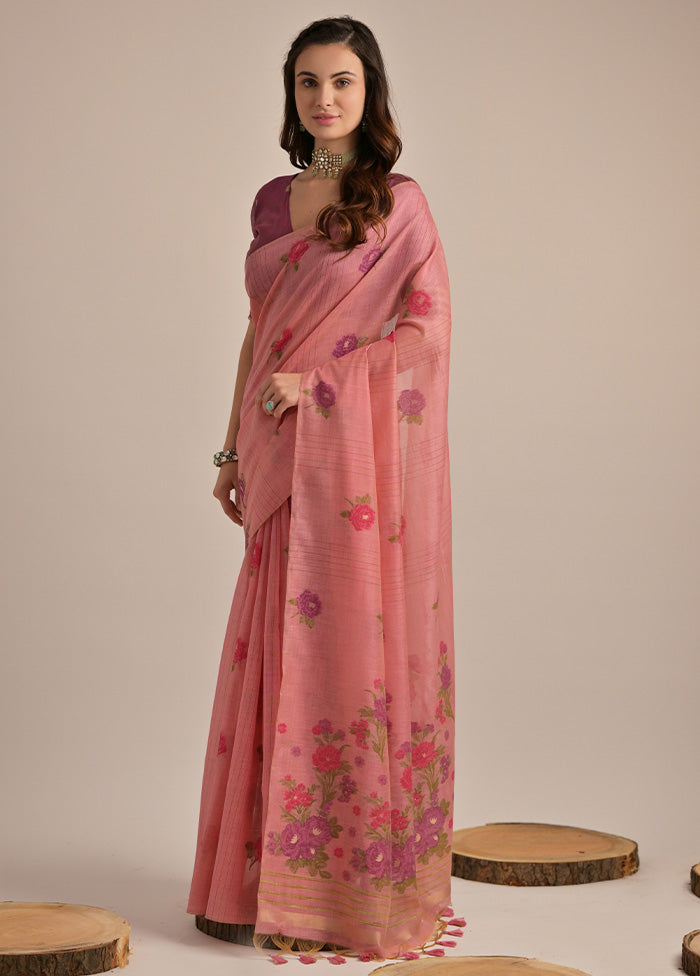 Pink Pure Cotton Saree With Blouse Piece