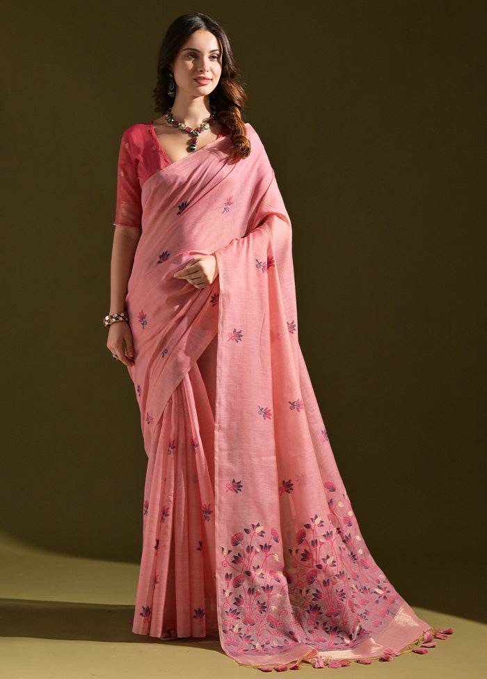 Pink Pure Cotton Saree With Blouse Piece