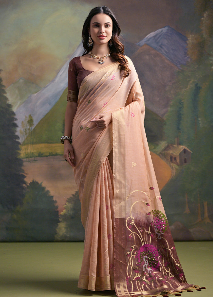 Peach Pure Cotton Saree With Blouse Piece