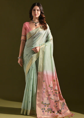 Sea Green Pure Cotton Saree With Blouse Piece