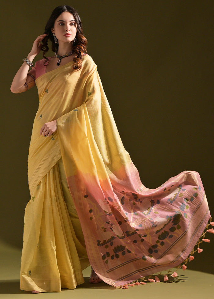 Yellow Pure Cotton Saree With Blouse Piece