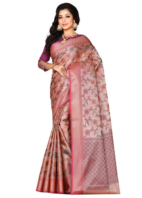 Peach Organza Saree With Blouse Piece - Indian Silk House Agencies