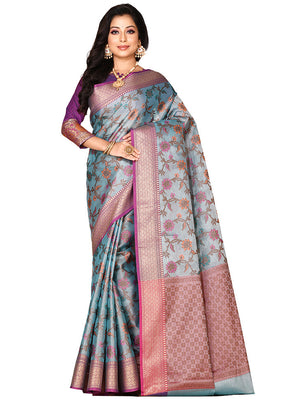 Blue Organza Saree With Blouse Piece