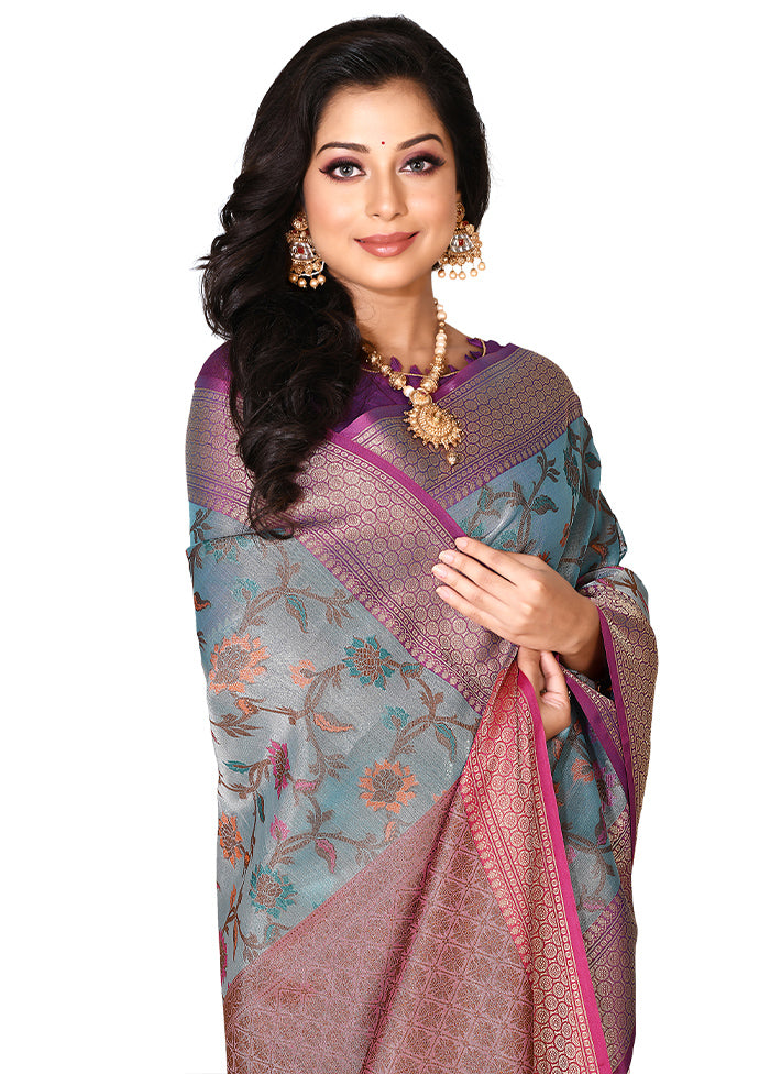 Blue Organza Saree With Blouse Piece - Indian Silk House Agencies