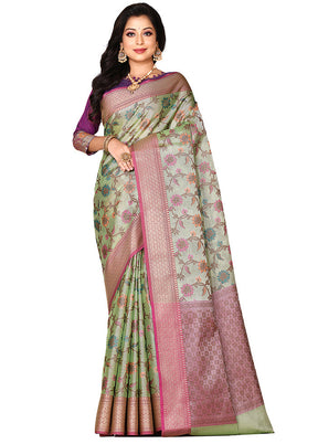 Green Organza Saree With Blouse Piece - Indian Silk House Agencies