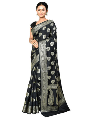 Black Dupion Silk Saree With Blouse Piece - Indian Silk House Agencies