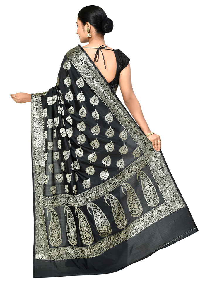 Black Dupion Silk Saree With Blouse Piece - Indian Silk House Agencies