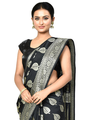 Black Dupion Silk Saree With Blouse Piece - Indian Silk House Agencies