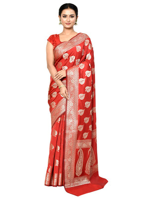 Red Dupion Silk Saree With Blouse Piece