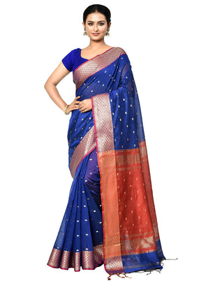 Blue Cotton Saree With Blouse Piece - Indian Silk House Agencies