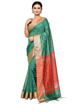 Green Cotton Saree With Blouse Piece - Indian Silk House Agencies