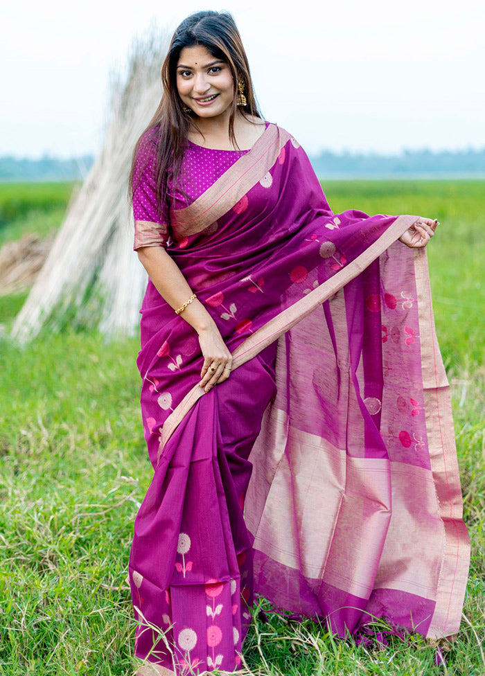 Wine Cotton Saree With Blouse Piece