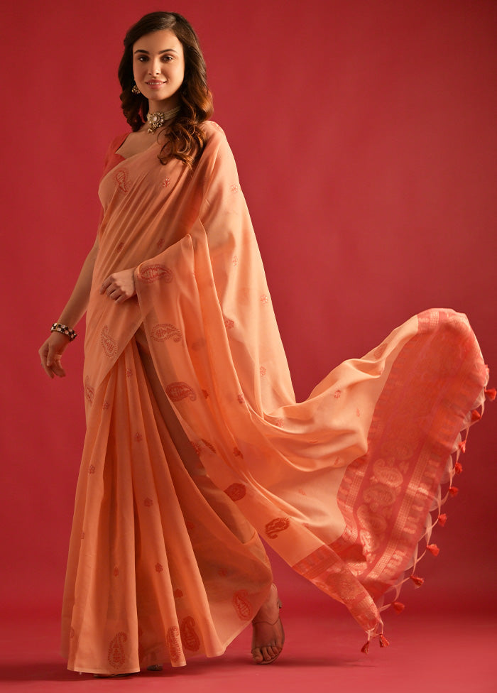 Peach Pure Cotton Saree With Blouse Piece