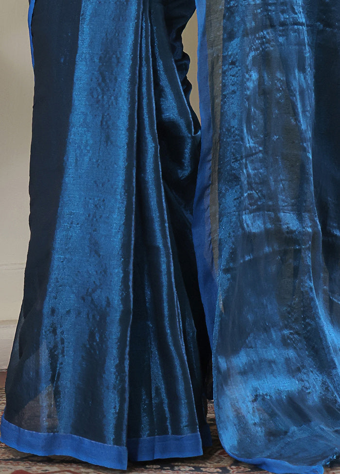 Blue Spun Silk Plain Work Saree Without Blouse Piece