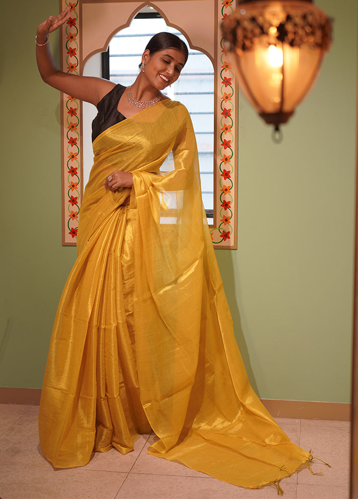 Mustard Spun Silk Plain Work Saree Without Blouse Piece