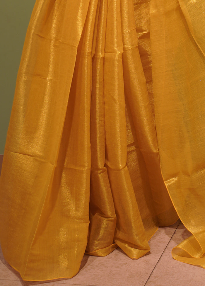 Mustard Spun Silk Plain Work Saree Without Blouse Piece