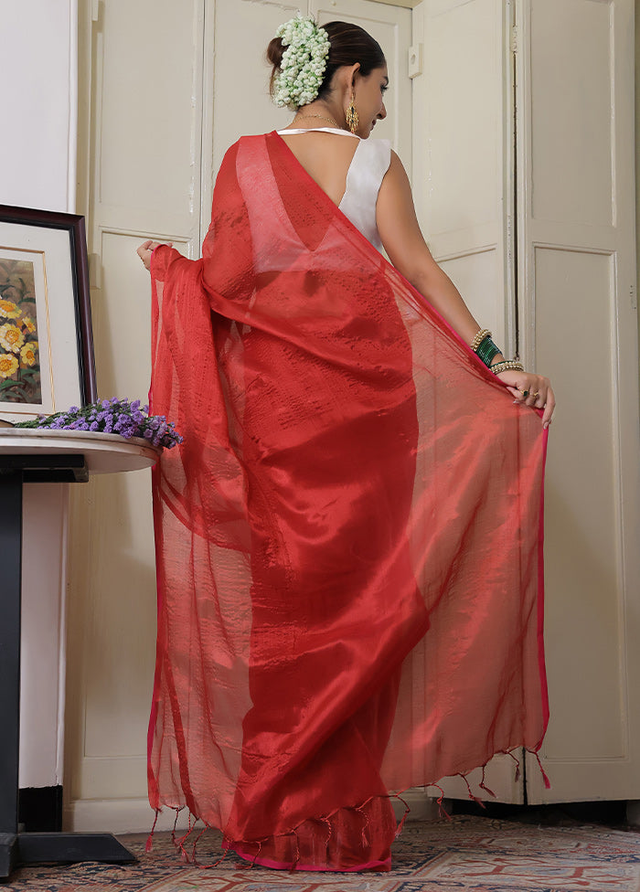 Red Spun Silk Plain Work Saree Without Blouse Piece