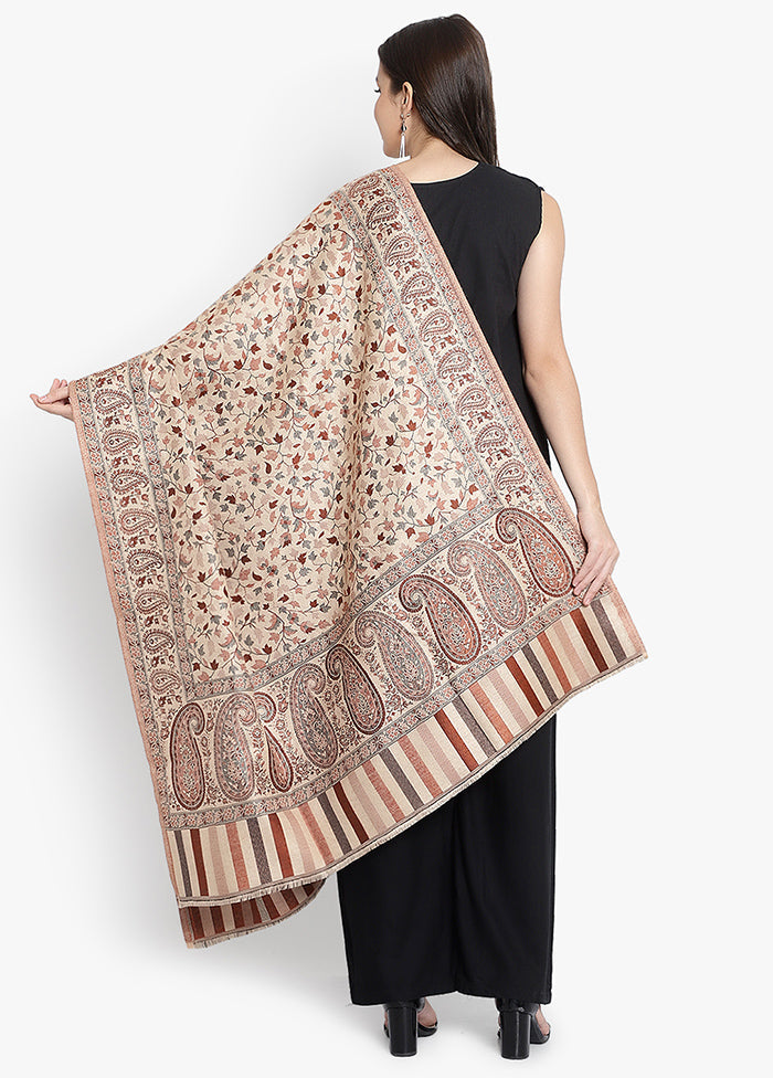 Beige Jacquard Woven Woolen Shawl - Indian Silk House Agencies