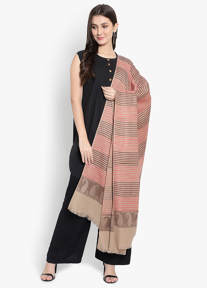 Beige Striped Woolen Shawl - Indian Silk House Agencies